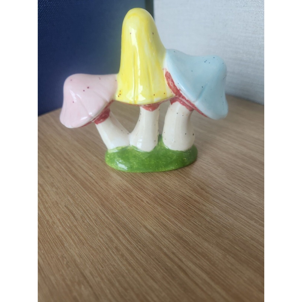 Vintage Mushroom Figurine Trio Glazed Ceramic 3 Grouped Cluster Pink Yellow Blue